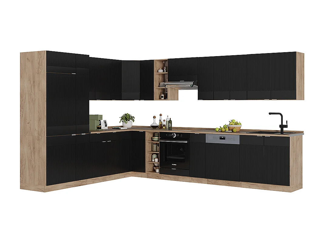 Cuisine en angle noir rayé/chêne doré 347x60x81.6 fame-line