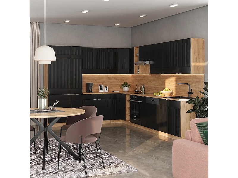 Hoekkeuken zwart gestreept/gouden eik 347x60x81.6 fame-line