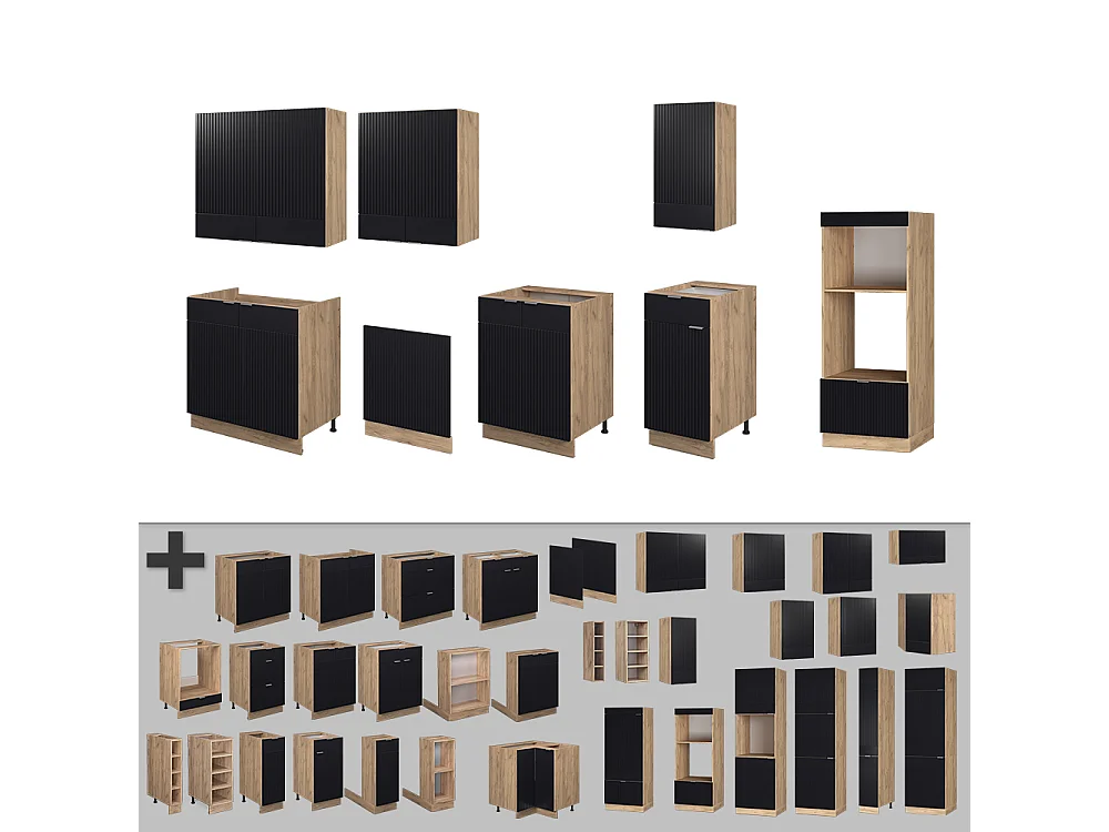 Küchenzeile schwarz gestreift/goldkraft eiche 300x46x81.6 fame-line
