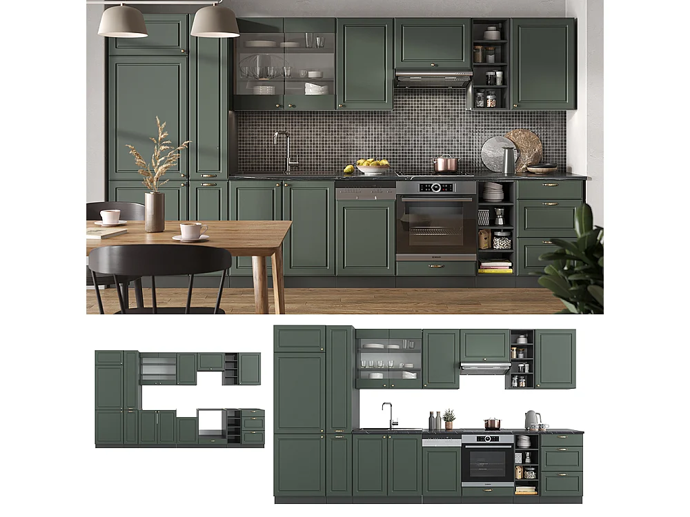 Mueble de cocina verde-dorado casa de campo/antracita 355x46x81.6 fame-line