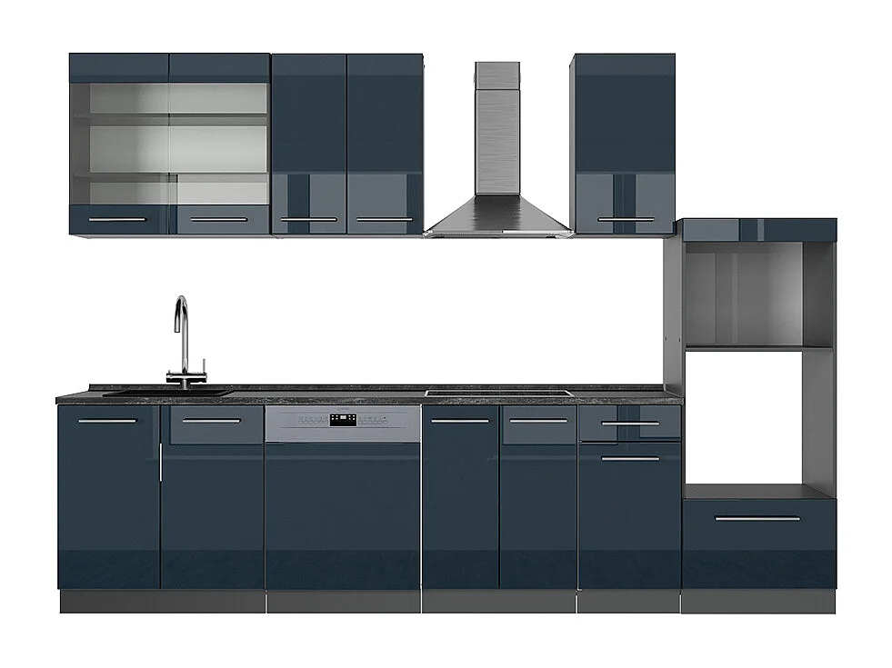 Armoires de cuisine  bleu foncé brillant/anthracite 300x46x81.6 fame-line