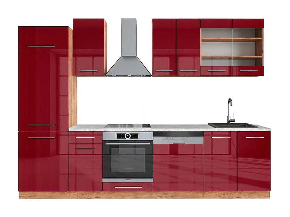 Mueble de cocina burdeos brillo intenso/roble dorado 300x60x81.6 fame-line