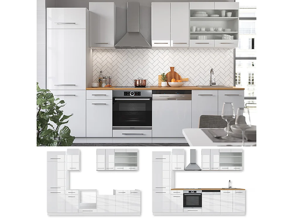 Küchenzeile weiß hochglanz/weiß 300x60x81.6 fame-line