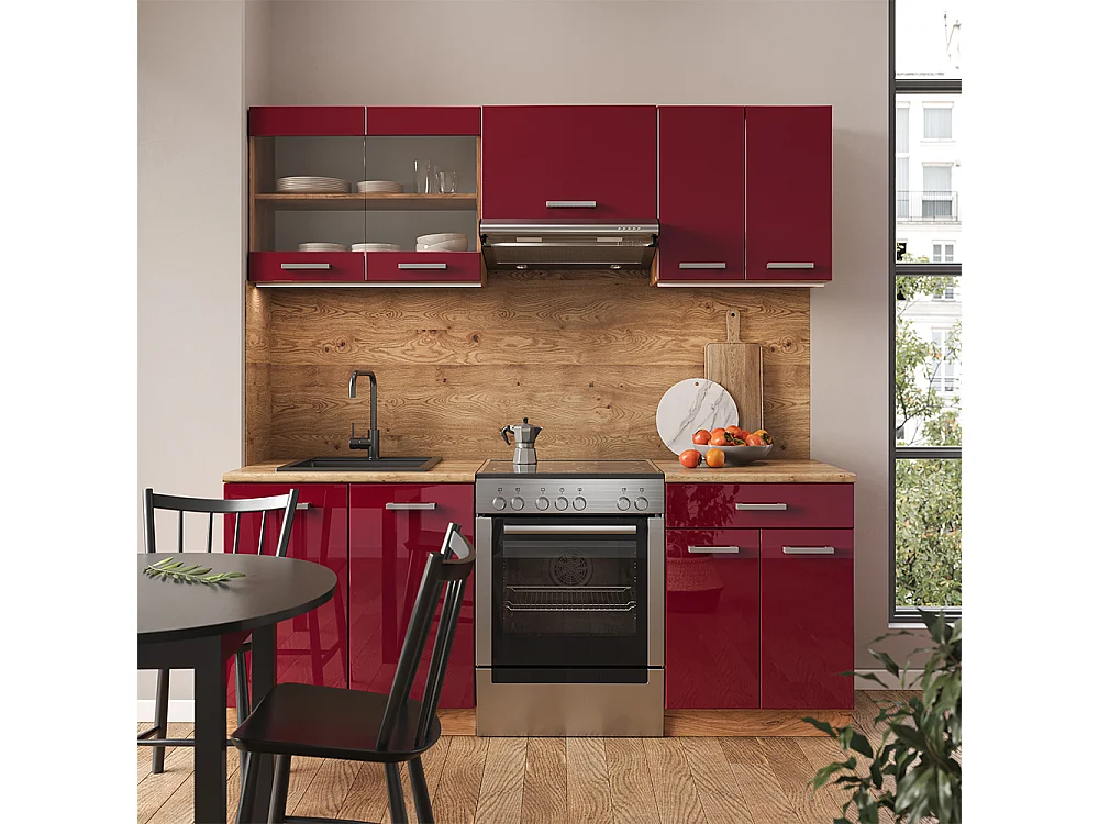 Aneks kuchenny czerwony wysoki połysk/złoty dąb 200x46x81.6 r-line