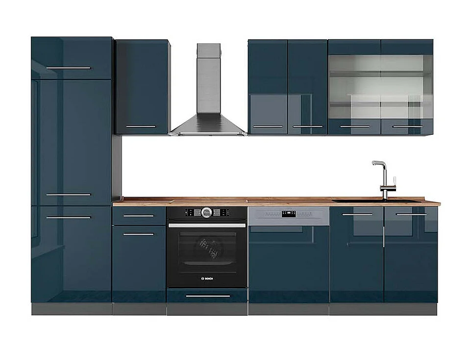 Mueble de cocina azul oscuro alto brillo/antracita 300x60x81.6 fame-line