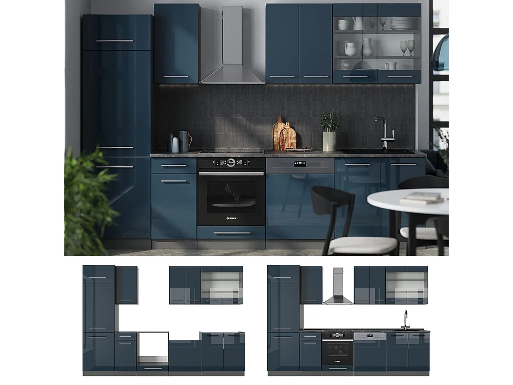 Mueble de cocina azul oscuro alto brillo/antracita 300x60x81.6 fame-line