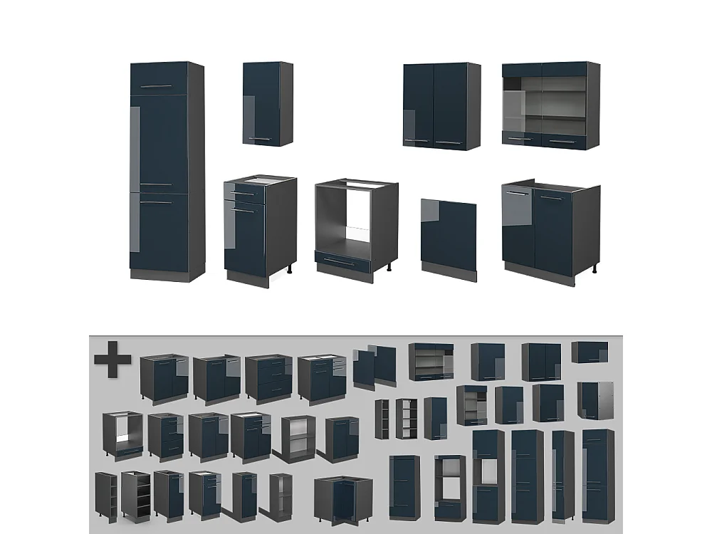 Mueble de cocina azul oscuro alto brillo/antracita 300x60x81.6 fame-line