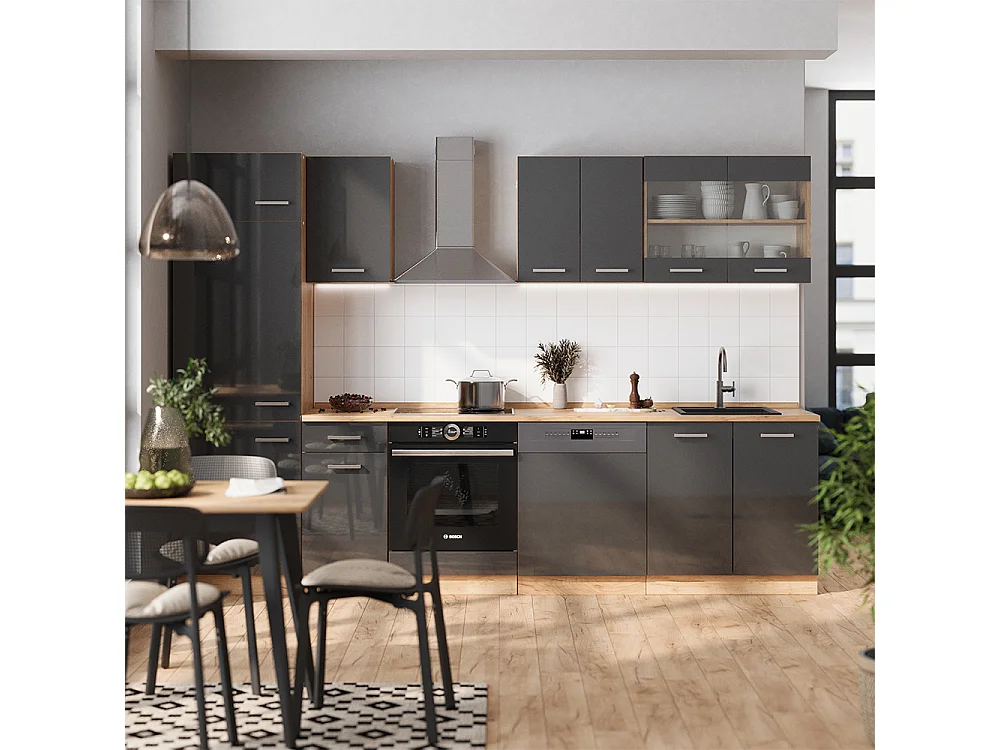 Cuisine anthracite brillant/chêne doré 300x46x81.6 r-line