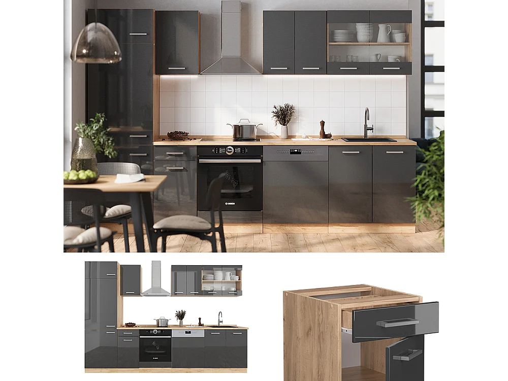 Cuisine anthracite brillant/chêne doré 300x46x81.6 r-line