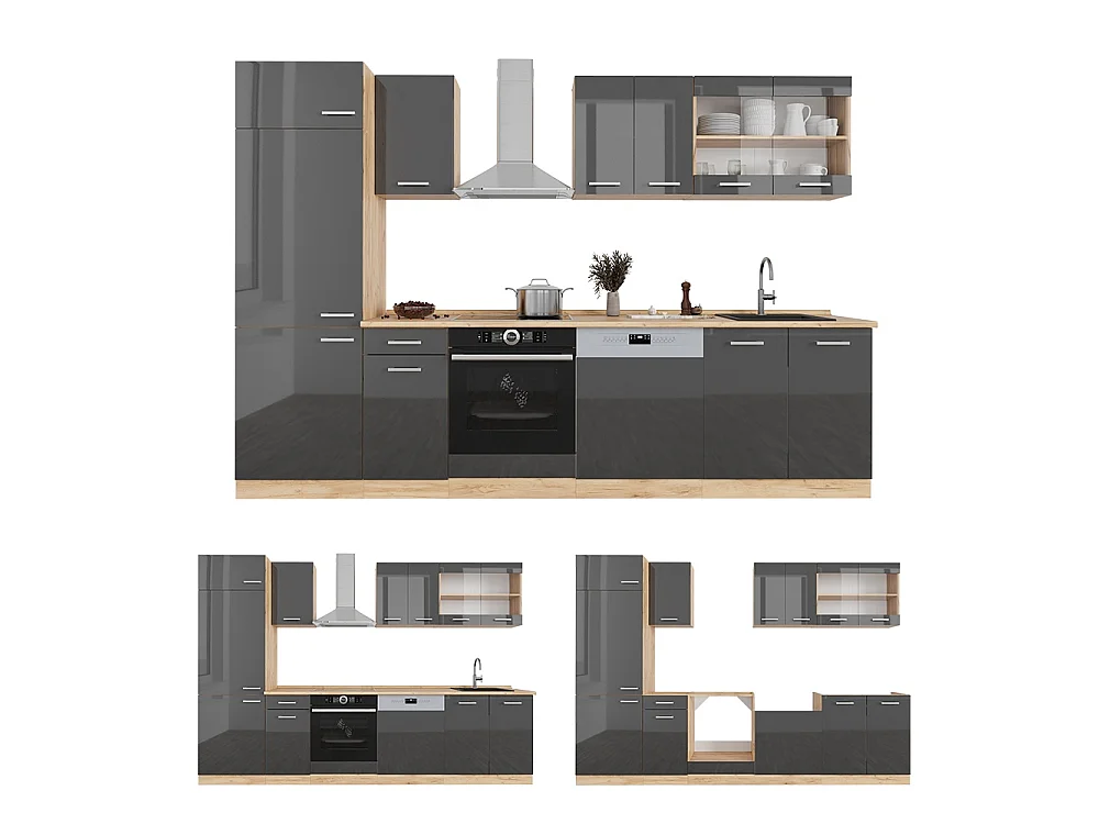 Cuisine anthracite brillant/chêne doré 300x46x81.6 r-line