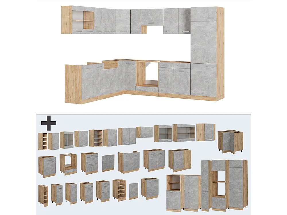 Hjørnekøkken beton/gyldent egetræ 287x60x81.6 r-line