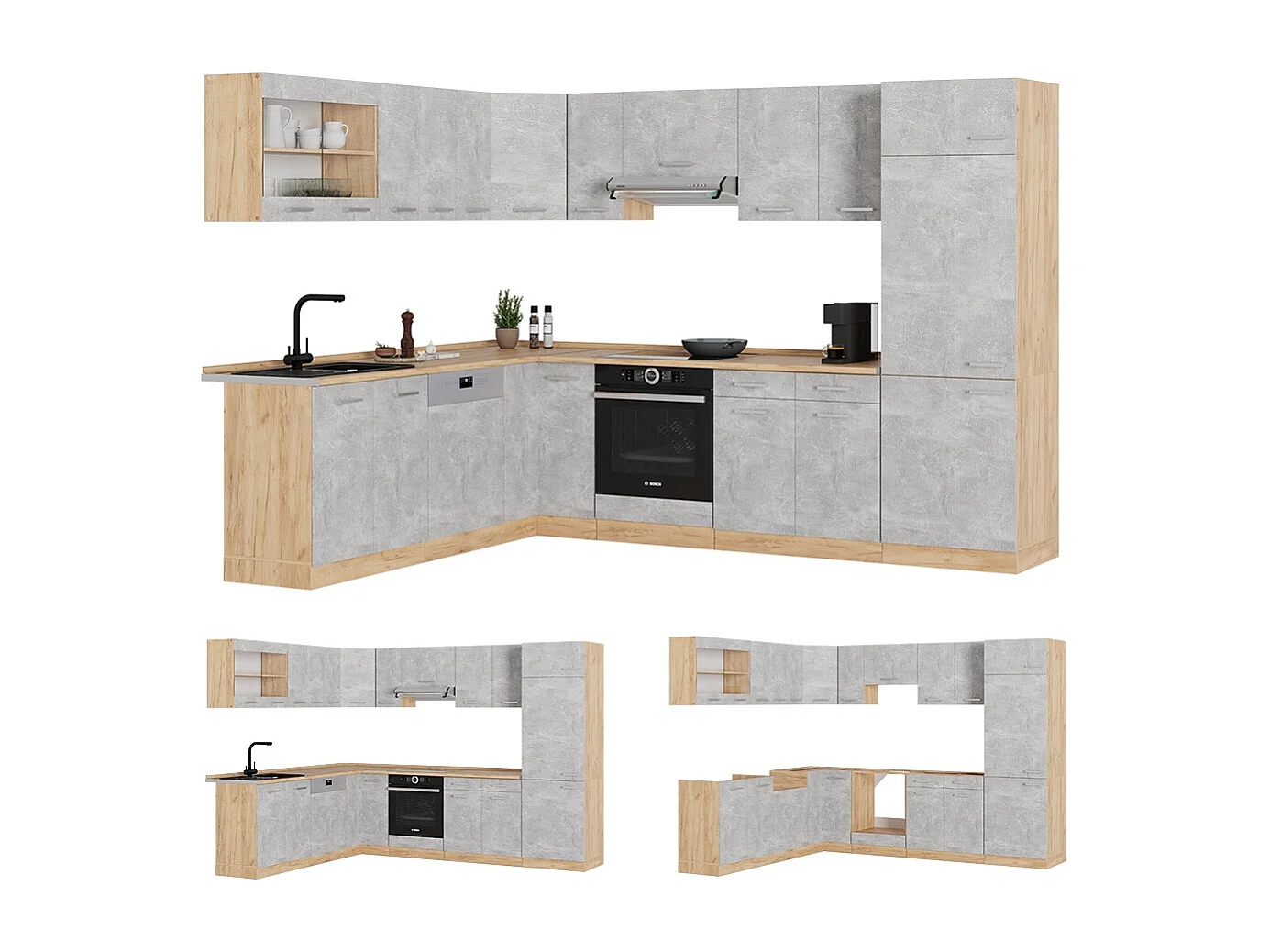 Hjørnekøkken beton/gyldent egetræ 287x60x81.6 r-line