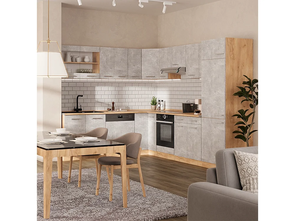 Cuisine en angle béton/chêne de force doré 287x60x81.6 r-line