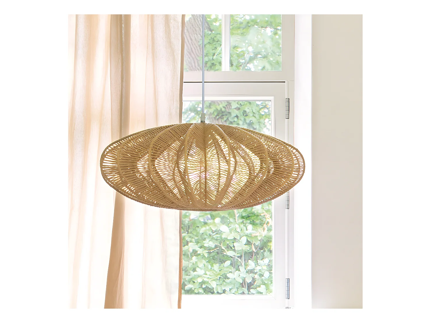 Lampe suspendue, Suspension luminaire coloris beige et métal blanc  - D. 57 x H. 24 cm