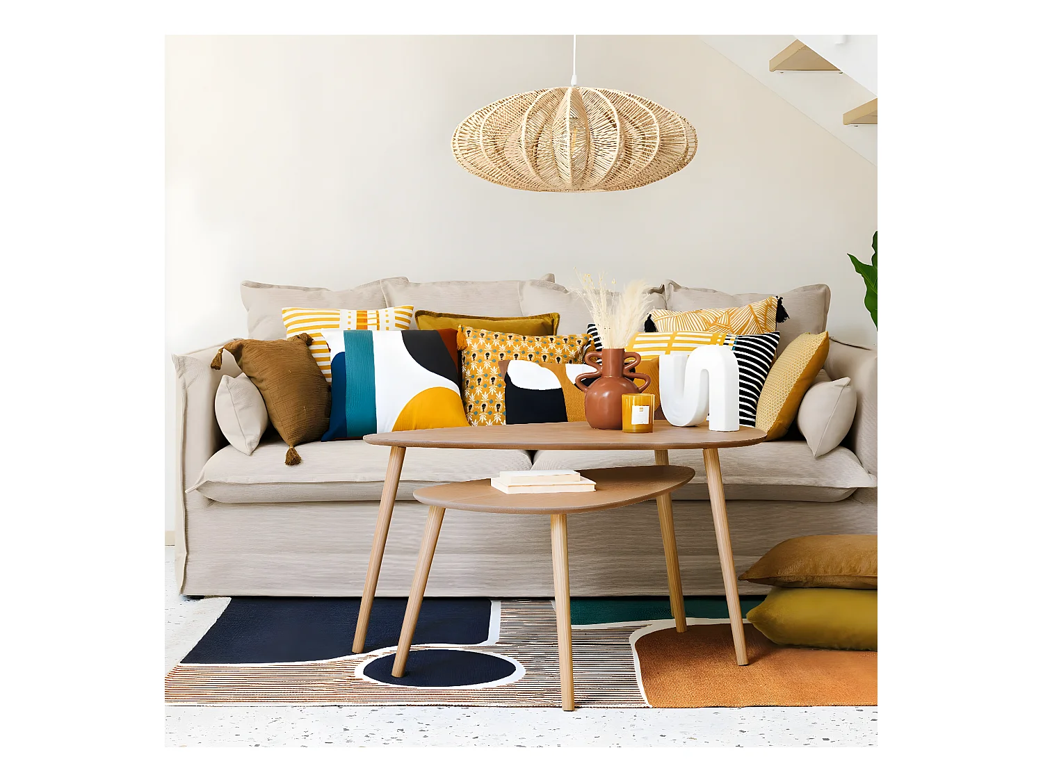 Lampe suspendue, Suspension luminaire coloris beige et métal blanc  - D. 57 x H. 24 cm