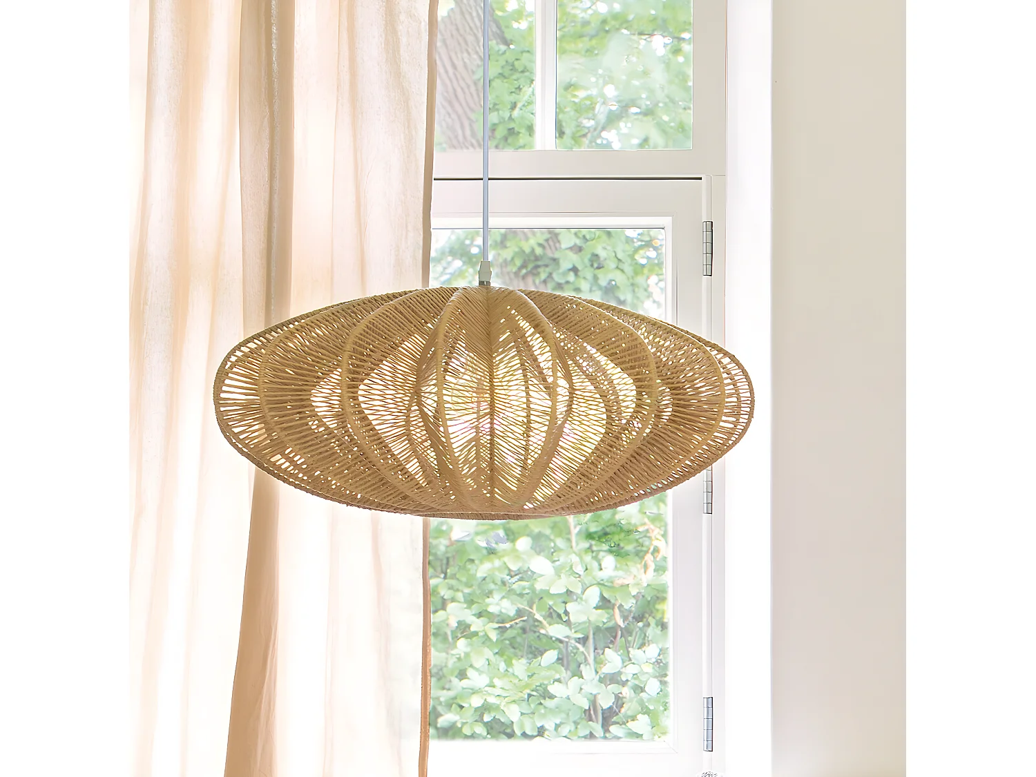 Lampe suspendue, Suspension luminaire coloris beige et métal blanc  - D. 57 x H. 24 cm