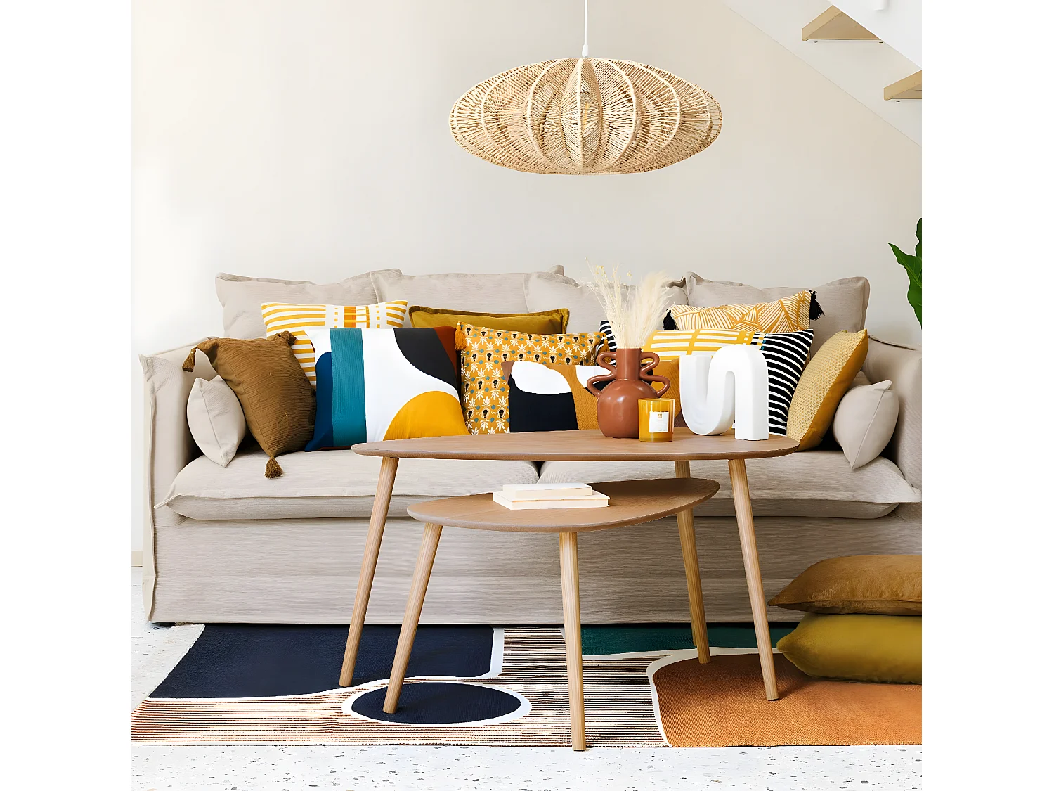 Lampe suspendue, Suspension luminaire coloris beige et métal blanc  - D. 57 x H. 24 cm