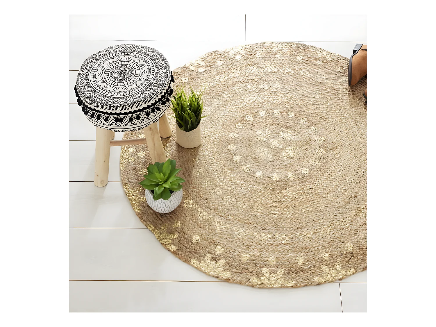 Tapis rond en jute coloris doré - Longueur 115 x Profondeur 115 x Hauteur 1 cm