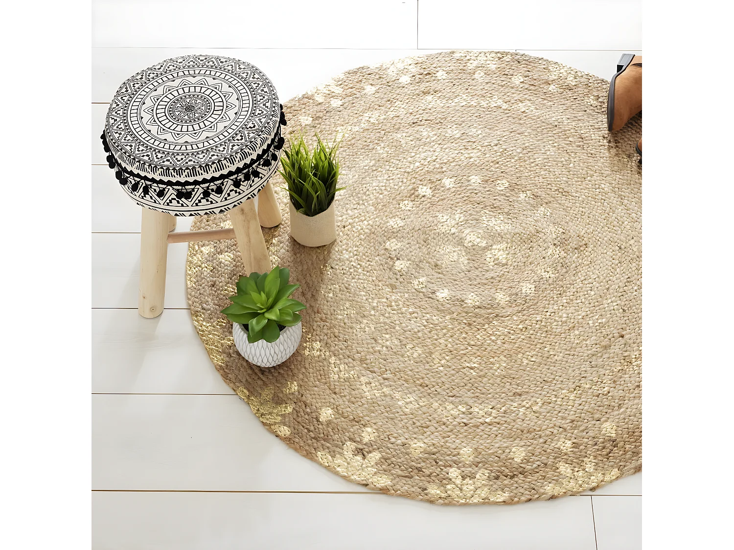 Tapis rond en jute coloris doré - Longueur 115 x Profondeur 115 x Hauteur 1 cm