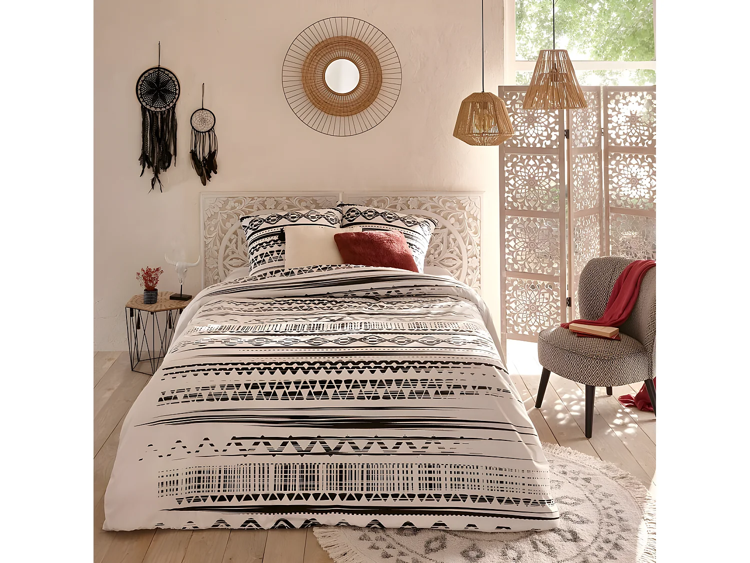 Paravent etnik en Bois sculpté et blanchi H 169 cm