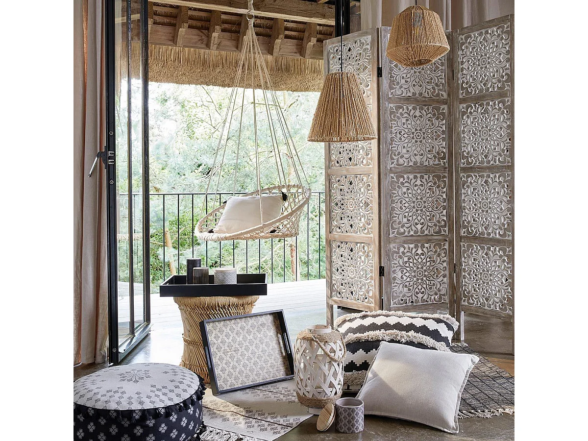 Paravent etnik en Bois sculpté et blanchi H 169 cm