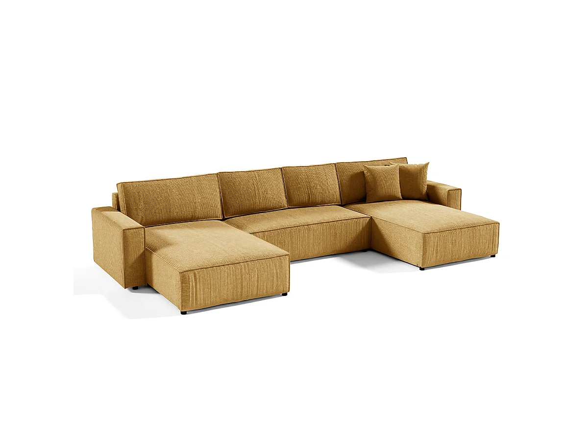 Canapé d'angle convertible 5 places avec coffre en velours jaune