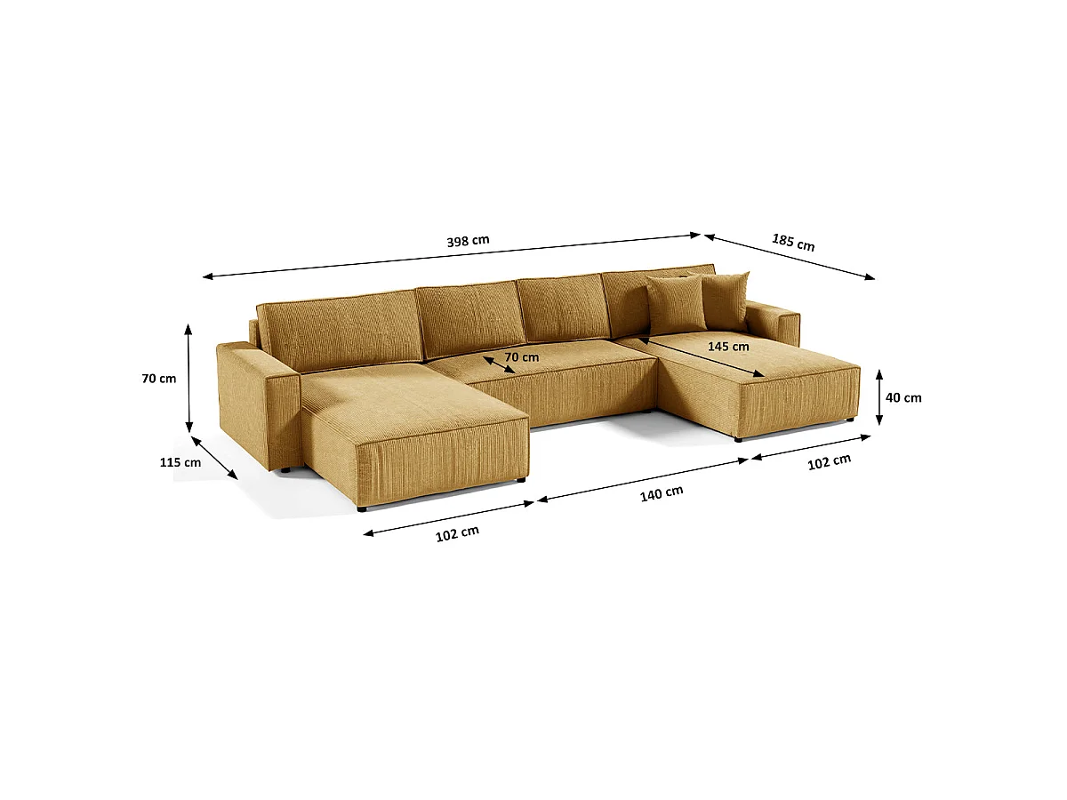 Canapé d'angle convertible 5 places avec coffre en velours jaune