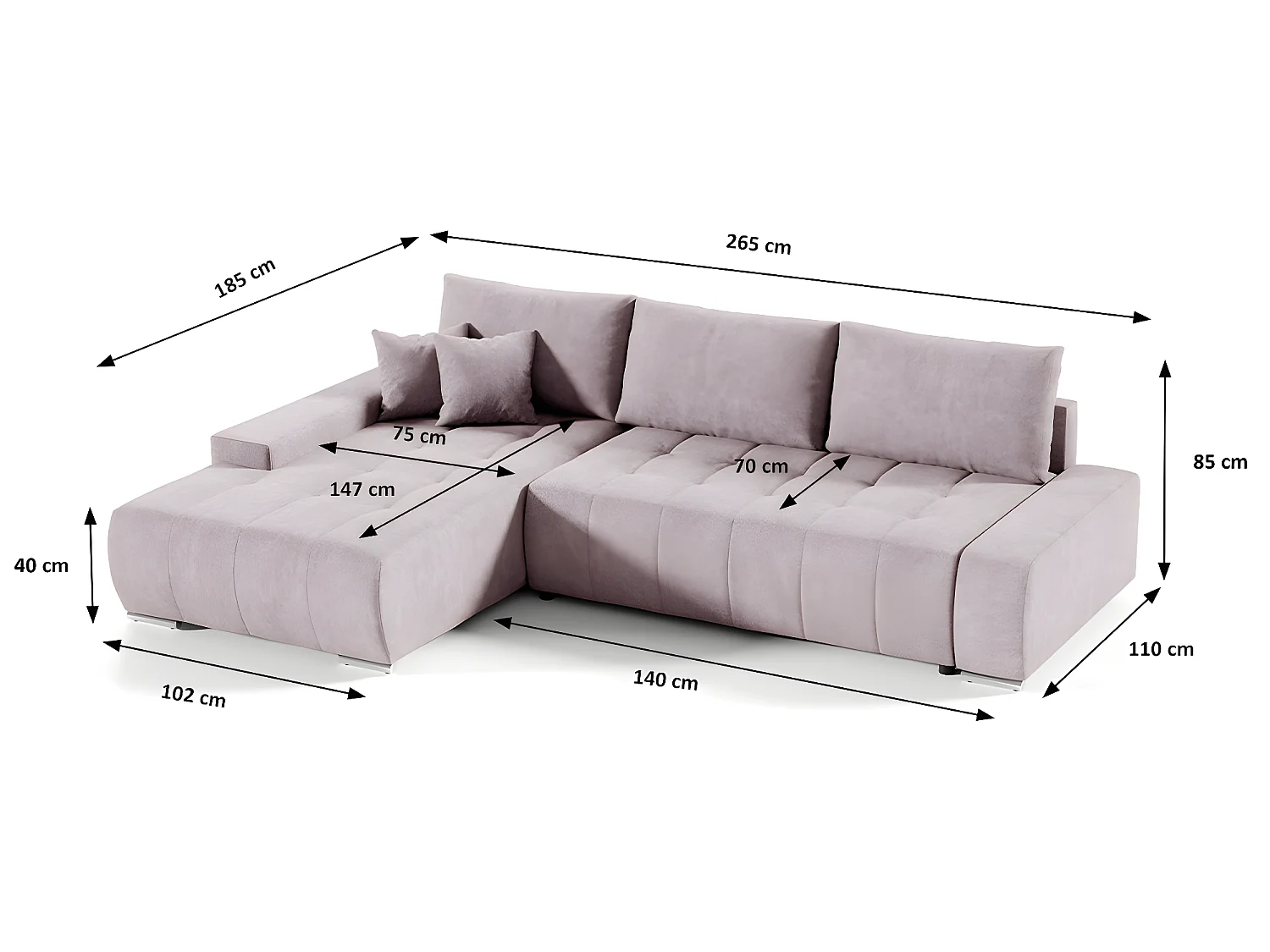 Canapé d'angle convertible gauche 4 places avec coffre Jonas Rose