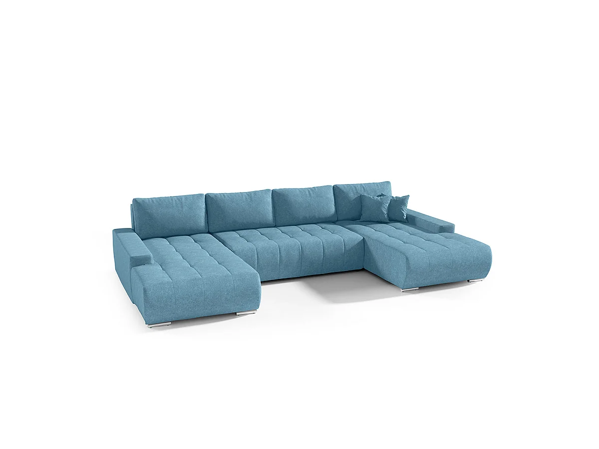 Canapé d'angle convertible 5 places avec coffre en tissu bleu
