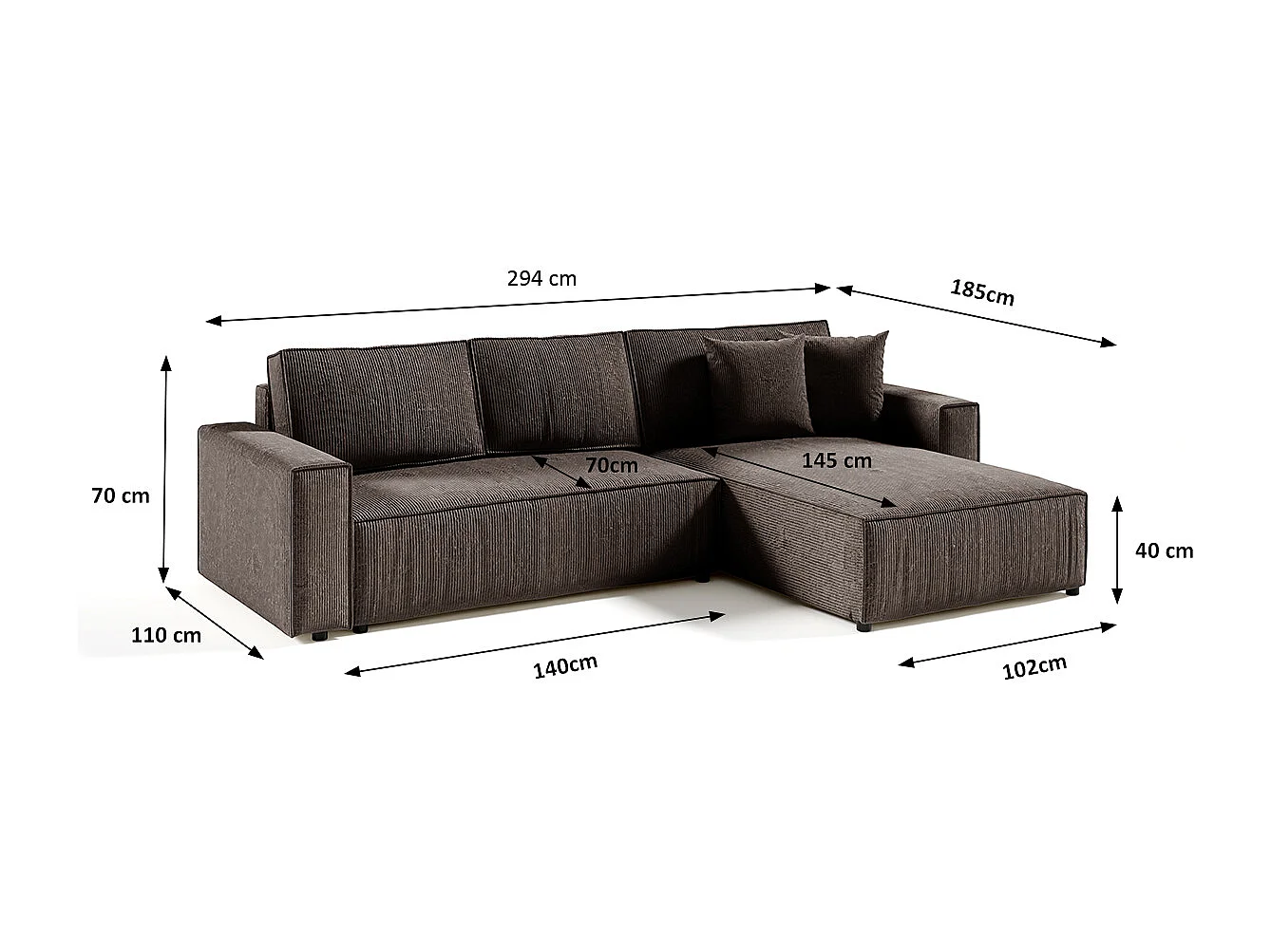 Canapé d'angle réversible et convertible 4 places avec coffre Isaac velours côtelé Marron