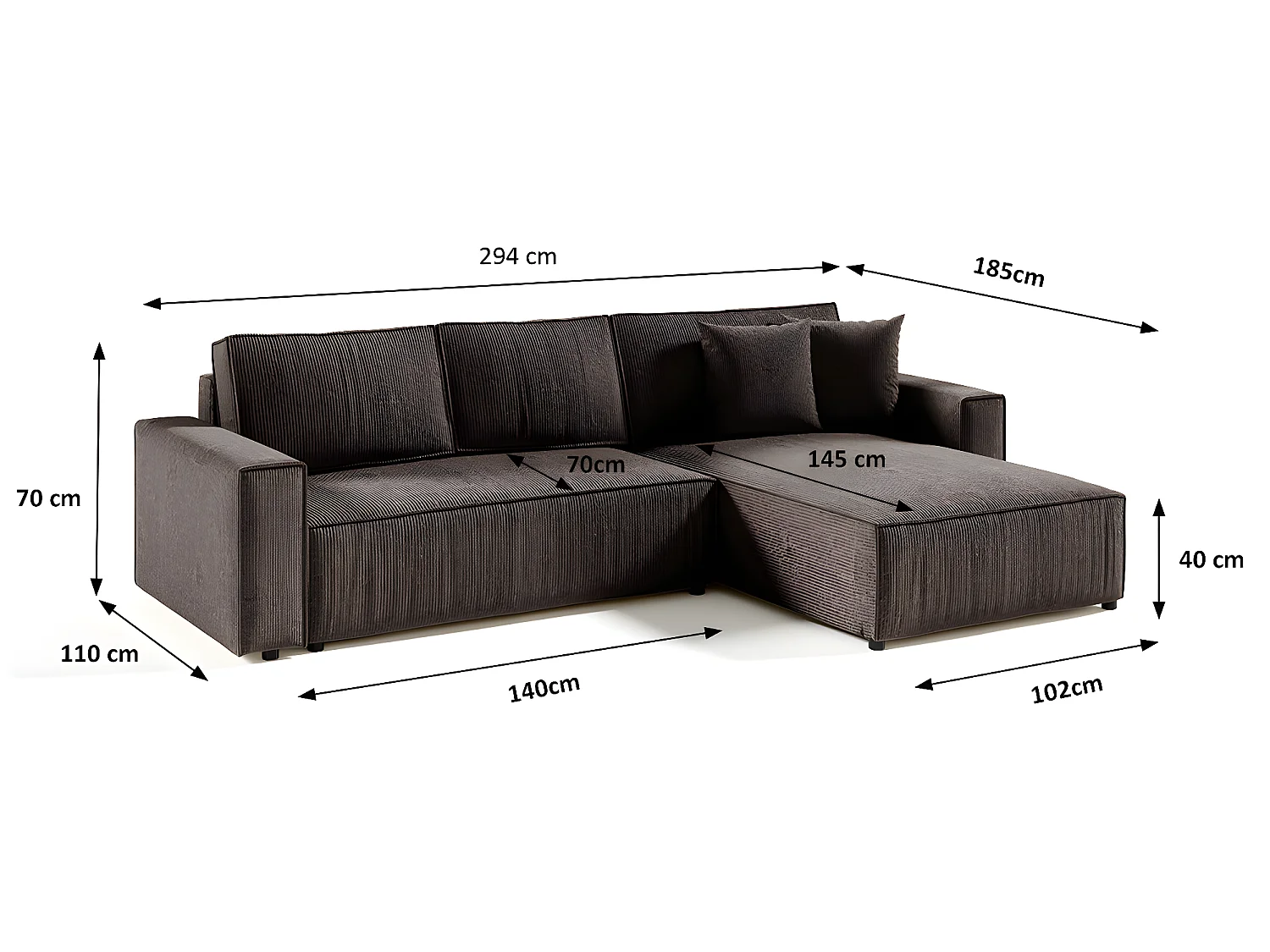 Canapé d'angle réversible et convertible 4 places avec coffre Isaac velours côtelé Marron