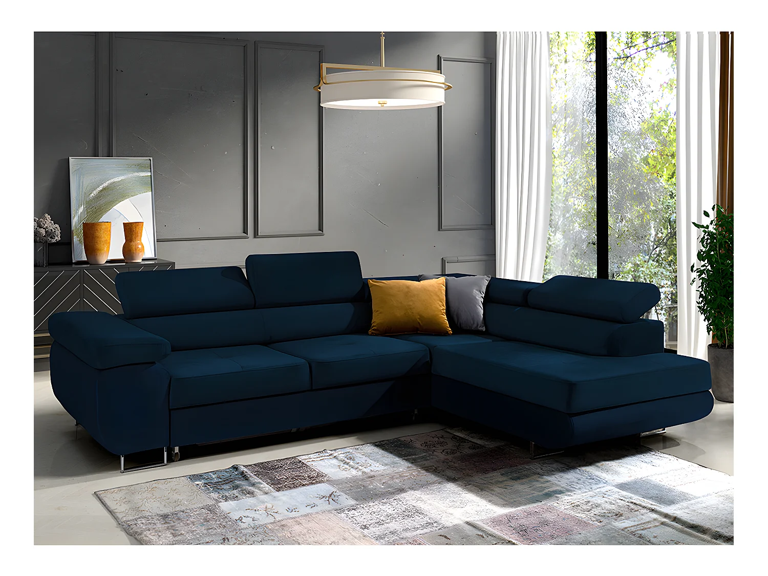 Canapé d'angle convertible droit 4 places Wilson velours Bleu