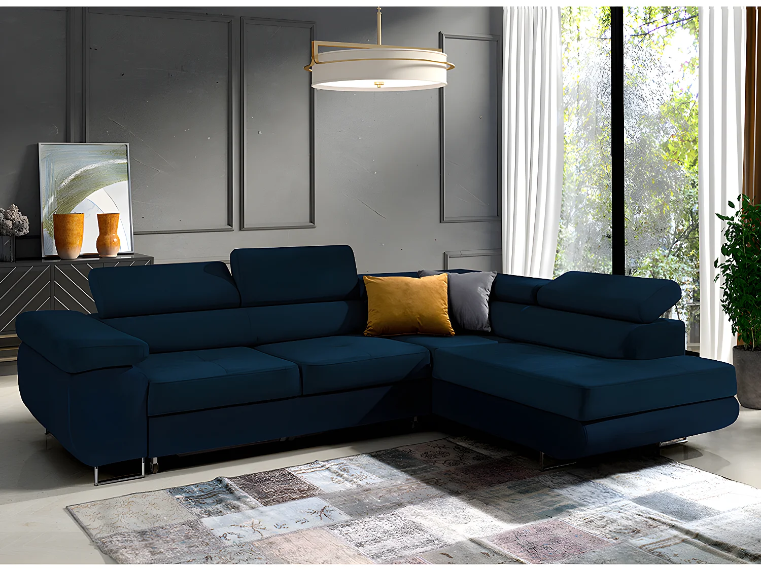 Canapé d'angle convertible droit 4 places Wilson velours Bleu