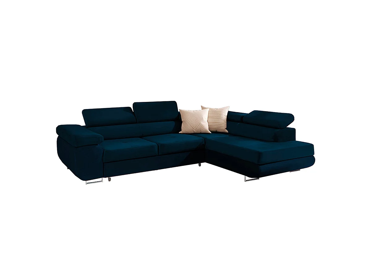 Canapé d'angle droit convertible 4 places en velours bleu WILSON