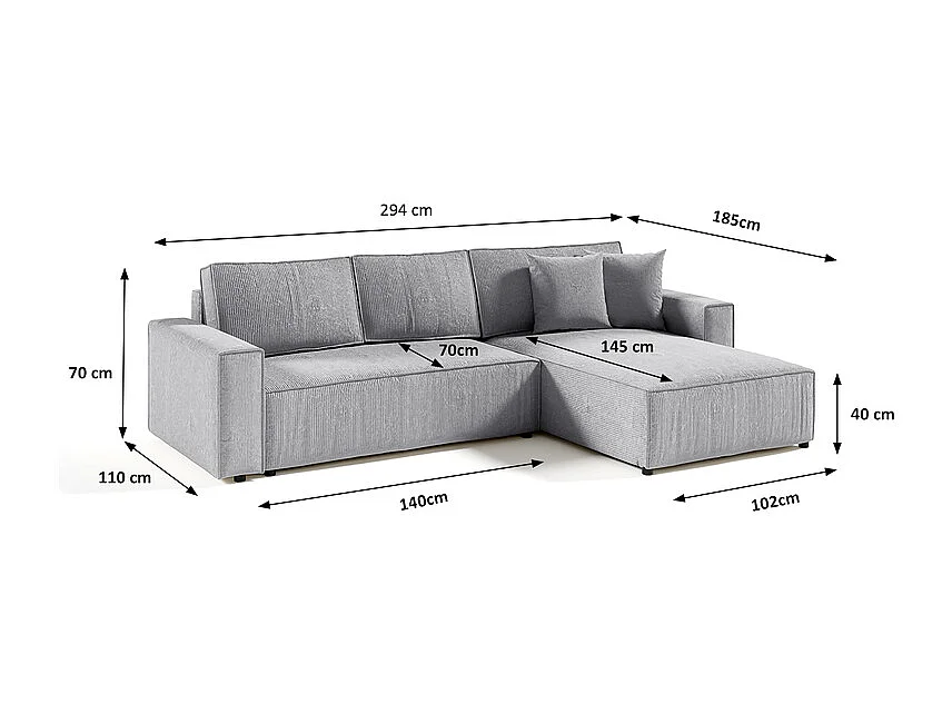 Canapé d'angle réversible et convertible 4 places avec coffre Isaac velours côtelé Gris Clair