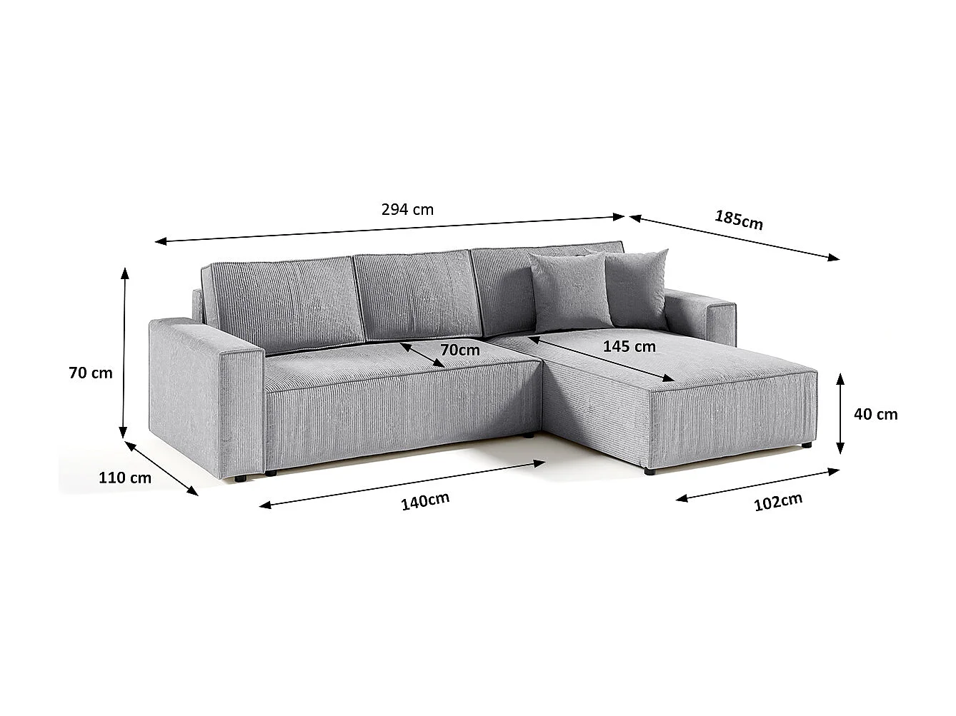 Canapé d'angle réversible et convertible 4 places avec coffre Isaac velours côtelé Gris Clair