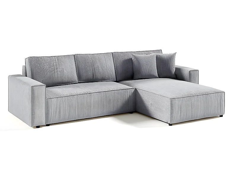 Canapé d'angle réversible et convertible 4 places avec coffre Isaac velours côtelé Gris Clair