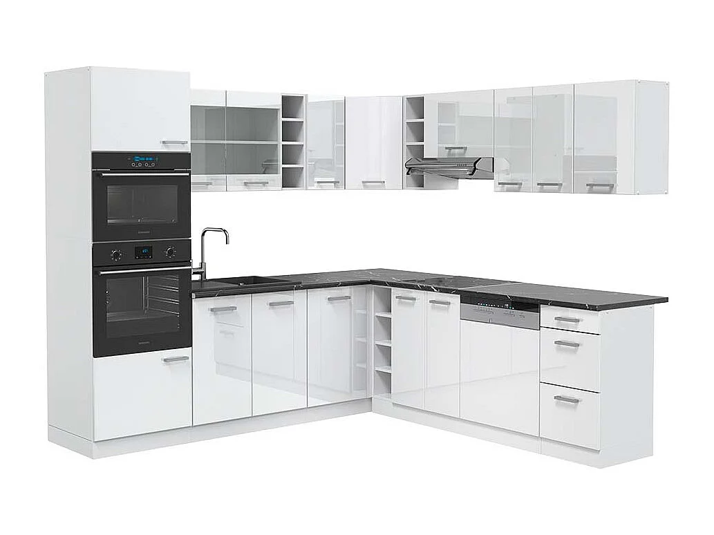 Cocina esquinera blanco alto brillo/blanco 247x60x81.6 r-line