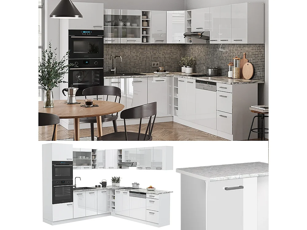 Cuisine en angle blanc haute brillance/blanc 247x60x81.6 r-line
