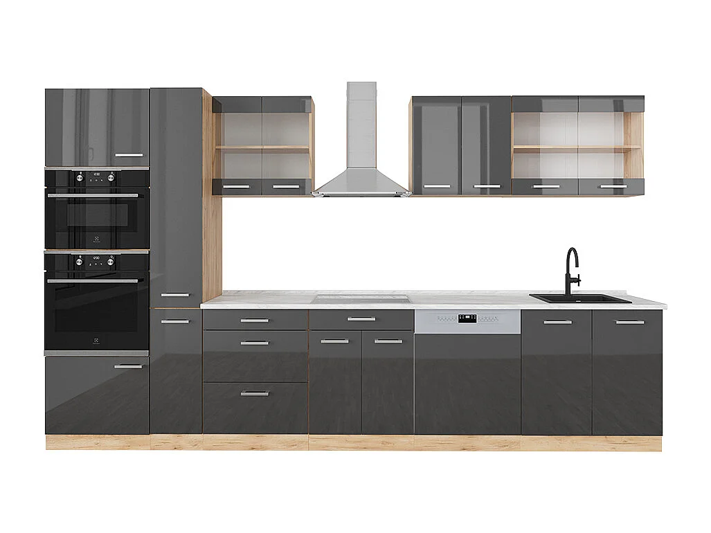 Zabudowa kuchenna antracytowy wysoki połysk/złoty dąb power 350x60x81.6 r-line