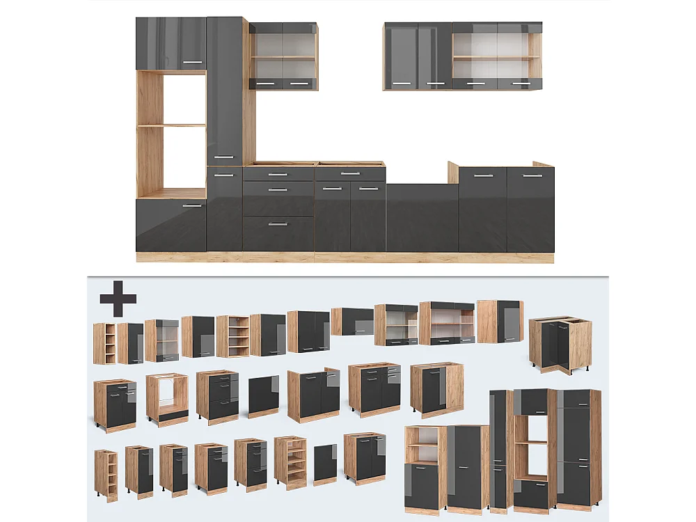 Complete keukeneenheid antraciet hoogglans/goud eiken 350x60x81.6 r-line
