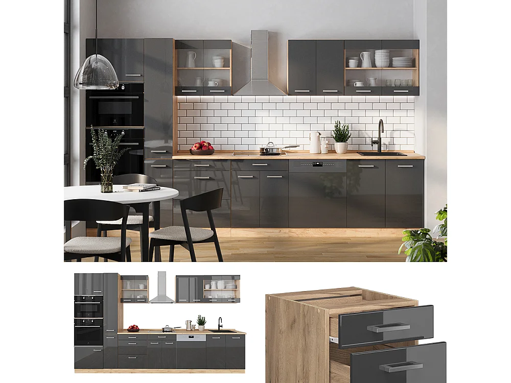 Cuisine anthracite brillant/chêne doré 350x60x81.6 r-line