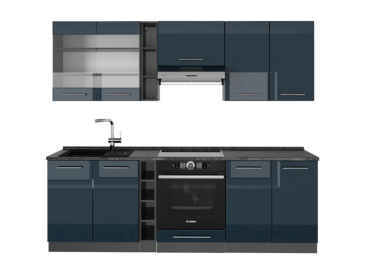 Mueble de cocina azul oscuro alto brillo/antracita 235x60x81.6 fame-line