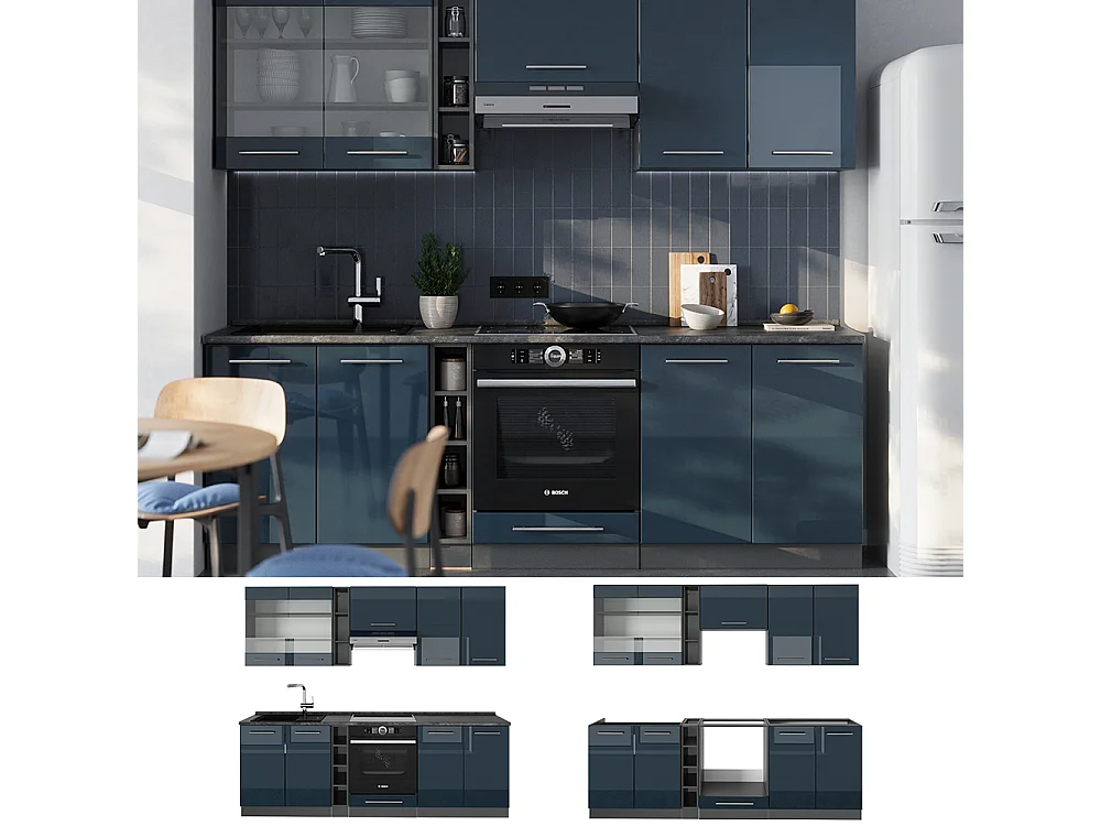 Küchenzeile dunkelblau hochglanz/anthrazit 235x60x81.6 fame-line