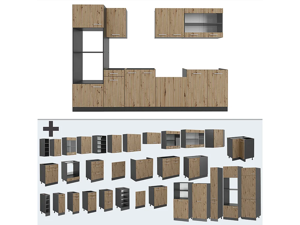 Mueble de cocina roble artesanal/antracita 300x60x81.6 r-line