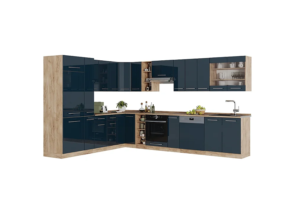 Hjørnekøkken mørkeblå højglans/gylden eg 347x60x81.6 fame-line