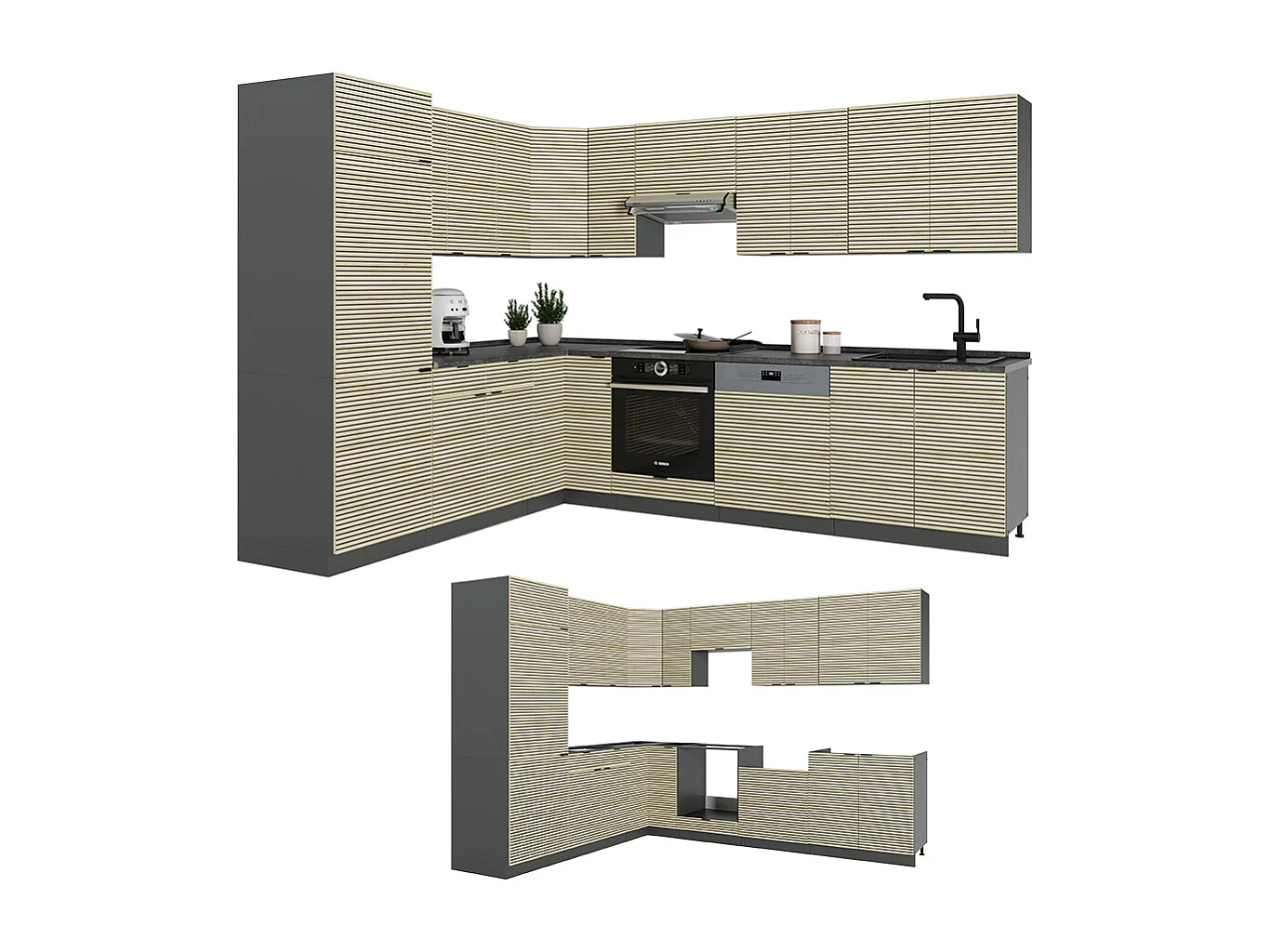 Cuisine en angle chêne lambris/anthracite 287x60x81.6 fame-line