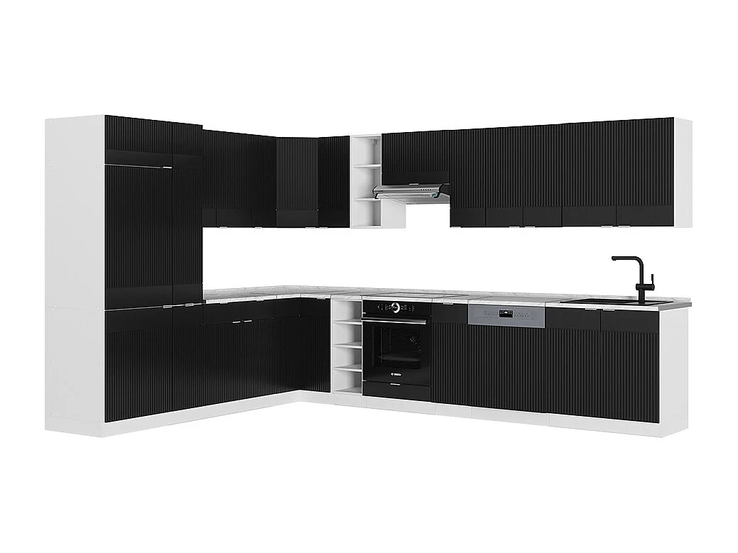 Cuisine en angle noir rayé/blanc 347x60x81.6 fame-line