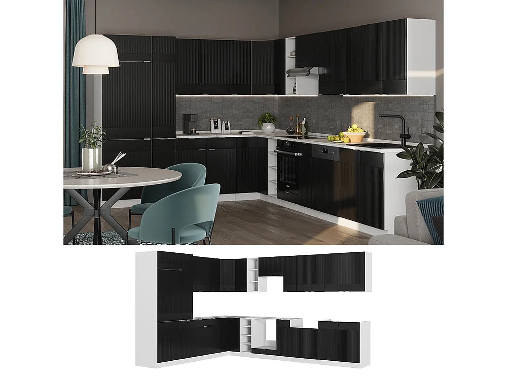 Cuisine en angle noir rayé/blanc 347x60x81.6 fame-line