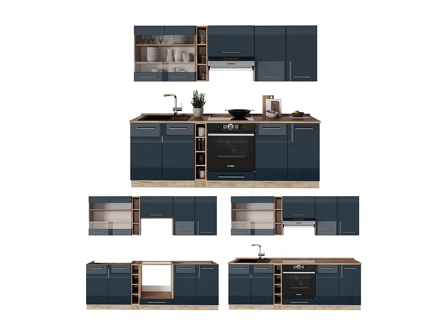 Küchenzeile dunkelblau hochglanz/goldkraft eiche 235x46x81.6 fame-line